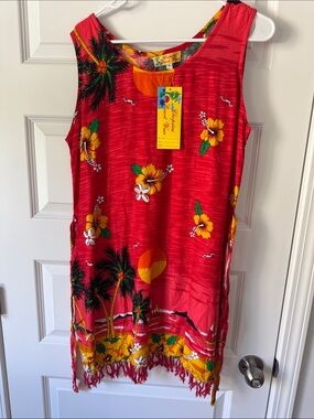Tropical Red Midi Dress with Fringe - Unbranded